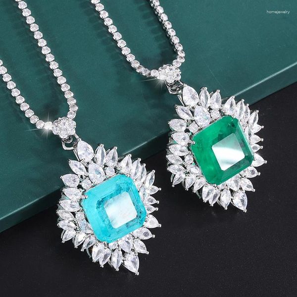 Collares colgantes EYIKA Brasileño Azul Verde Paraiba Fusión Piedra Flor Zircon Cadena de Tenis Collar de Lujo Mujeres Boda Joyería Fina