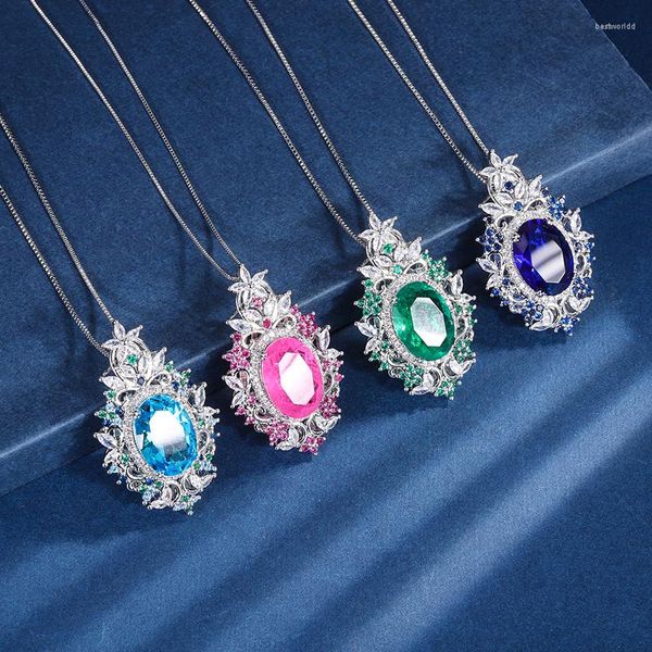 Collares pendientes EYIKA Laboratorio brasileño Creado Emerlad Sapphire Aquamarine Pink Fusion Stone Oval Flower Collar CZ Joyería fina para mujeres