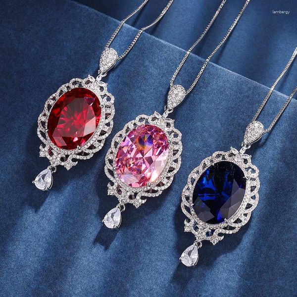 Pendentif Colliers EYIKA Forme Ovale Créé Rubis Saphir Collier Cristal Rose Goutte D'eau Zircon Gland Femmes Bijoux De Mariage