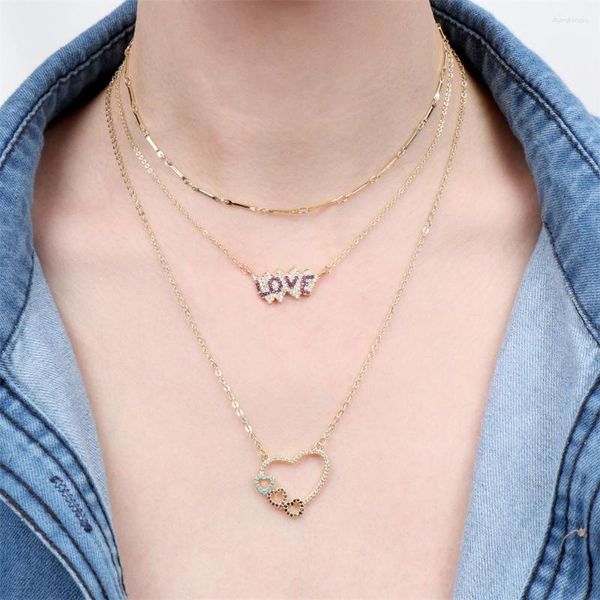 Collares pendientes EYIKA Trendy Three Heart Collar para mujeres amantes Joyería de boda Cobre Zircon Love Letter Collier Bamboo Chain Gargantilla