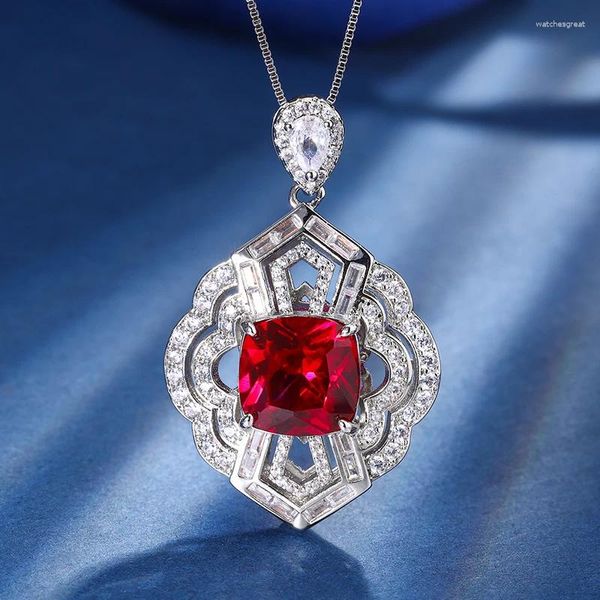 Pendentif Colliers Eyika Vintage Fusion Pierre Zircon Creux Fleur Collier Femmes Carré Imitation Ruby Émeraude Bijoux De Mariage