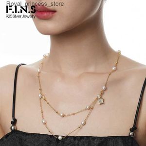 Hangende kettingen F. I.N.S Originele S925 Sterling Silver Barokke Pearl Lange ketting Dames Multi -gelaagde kubieke Zirkonia Sweater Clavik -ketensjuwelen Q240426