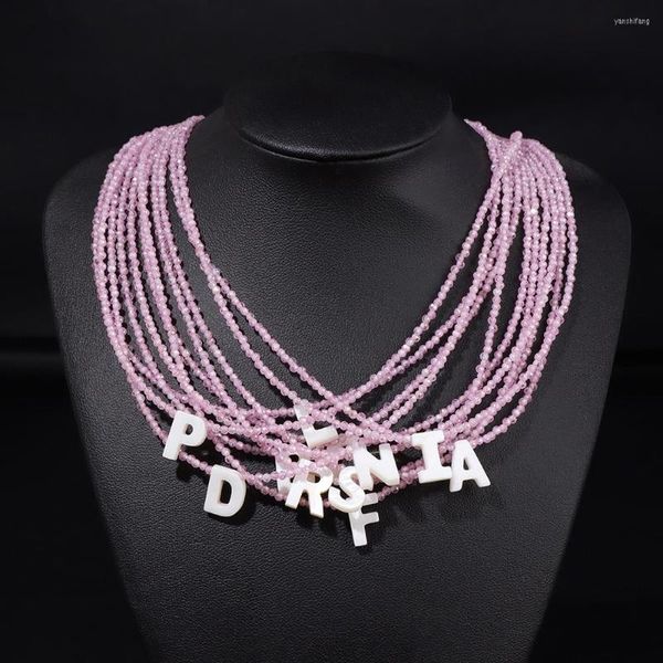 Collares colgantes collar de cuentas de cristal facetado 2mm Zirconia rosa mujeres letras Shell hecho a mano mujer Boho joyería regalo