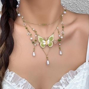 Pendentif Colliers Fée Vert Papillon Cristal Collier En Métal Pour Femmes Filles Ras Du Cou Fausse Perle Perles Doux Cool Y2K Bijoux