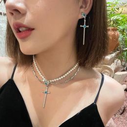 Hanger kettingen Fairy Temperament Blue Crystal Cross For Girls Gift Vintage Pearl Chains Choker Fashion Female Party Sieraden