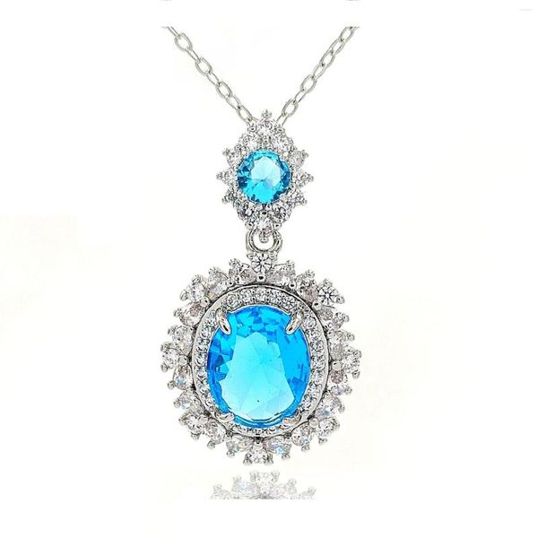 Pendentif Colliers Fantaisie Style Double Lac Bleu Zircon Ovale Coupe Collier Pour Femmes Vintage Accessoire De Mode