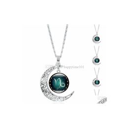 Colliers de pendentif mode 12 Constellation Art Image Collier Pendant Zodiac Glass Cabochon Sier Crescent Moon Colliers pour femmes Dhyb4