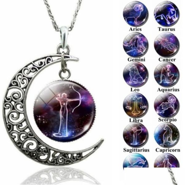 Collares colgantes Moda 12 Signo del zodiaco Collar de cabujón de cristal Constelación Horóscopo Astrología Declaración Estrella Piedra preciosa Regalo Gota Otdrs