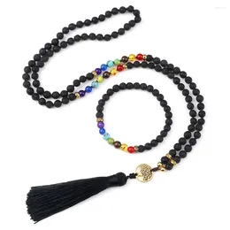 Hanger Kettingen Mode 7 Chakra 6/8mm Natuursteen Lava Kralen Kettingen Armbanden Set Boheemse Boom Leven Kwastje ketting Cadeau Sieraden