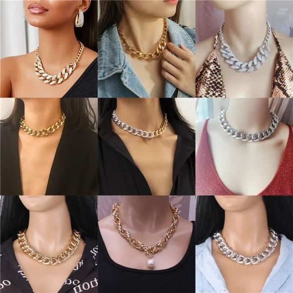 Collares colgantes Moda Barroco Cristal Metal Collar de cadena gruesa para mujeres Hombres Vintage Punk Hip Hop Chapado en oro Color de plata Gargantilla