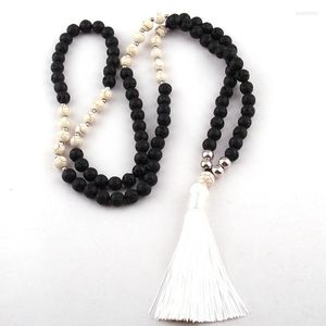 Hanger Kettingen Mode Zwarte Lava Witte Steen Lange Tassel Ketting Voor Vrouwen Lariat