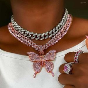 Pendentif Colliers Mode Bling Strass Grand Papillon Collier Pour Femmes Rose Bleu Cristal Cubain Chaîne Rappeur Rock Bijoux