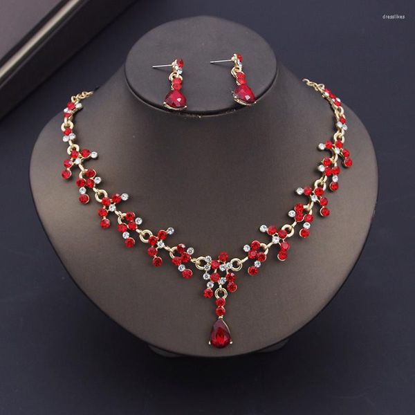 Pendentif Colliers Mode Bleu Rouge Collier Boucle D'oreille Ensemble De Mariage Mariée Accessoires Élégants Et Doux Pour Les Femmes