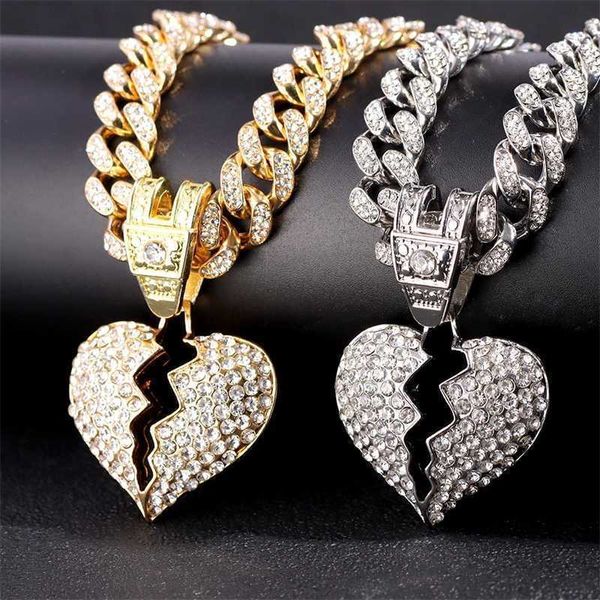 Pendentif Colliers Mode Coeur Brisé Femmes Hommes Glacé Bling Strass Cubain Lien Chaîne Collier Hip Hop Déclaration Bijoux 230613