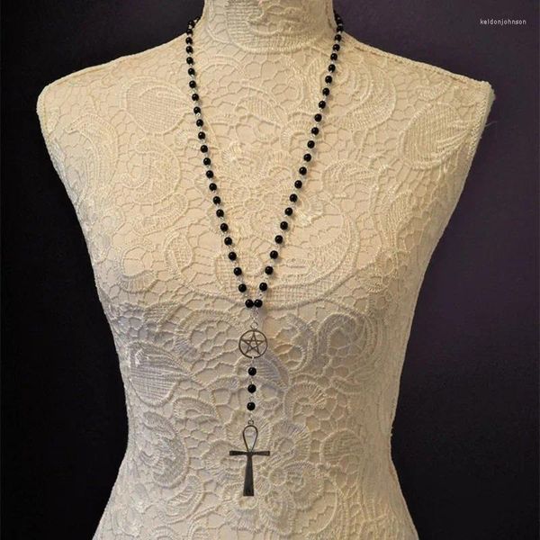 Collares colgantes Moda Charm Joyería Black Beaded Rosario Cross Collar Gótico Pentagrama Bruja Pagan Ladies Regalo