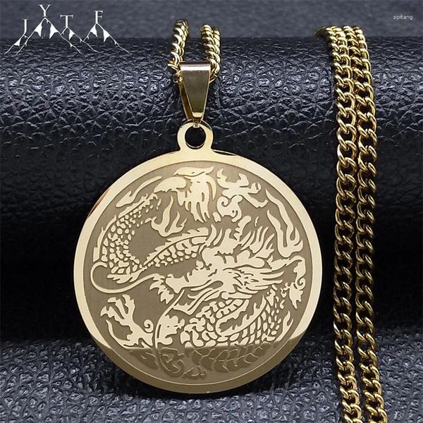 Collares colgantes Moda Dragón chino Collar para hombre Hip Hop Acero inoxidable Chapado en oro Largo Animal Redondo Étnico Zodíaco Joyería N3138