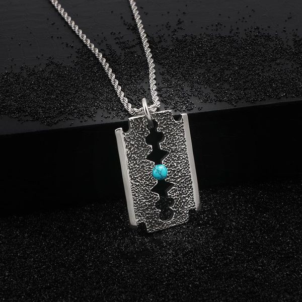 Pendentif Colliers Mode Cool Hommes Punk Blade Holloe Rétro Couleur Noir Titane Acier Étiquettes Carrées Bleu Perle Collier BijouxPendant