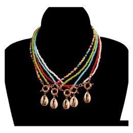 Collares pendientes Moda Collar de concha creativa Mujeres Boho Retro Verano Granos góticos Roscado a mano Colorf Cuerda Entrega de gota de arroz Dhqoc