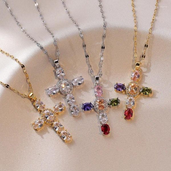 Pendentif Colliers Mode Croix Collier pour Femmes Luxe Coloré Cristal Strass Gothique Jésus Fête Bijoux Cadeau