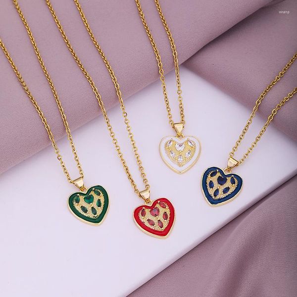 Collares colgantes Moda Cubic Zirconia Collar de corazón Cadena de acero inoxidable Mujeres Niñas Amor Esmalte Joyería Regalos