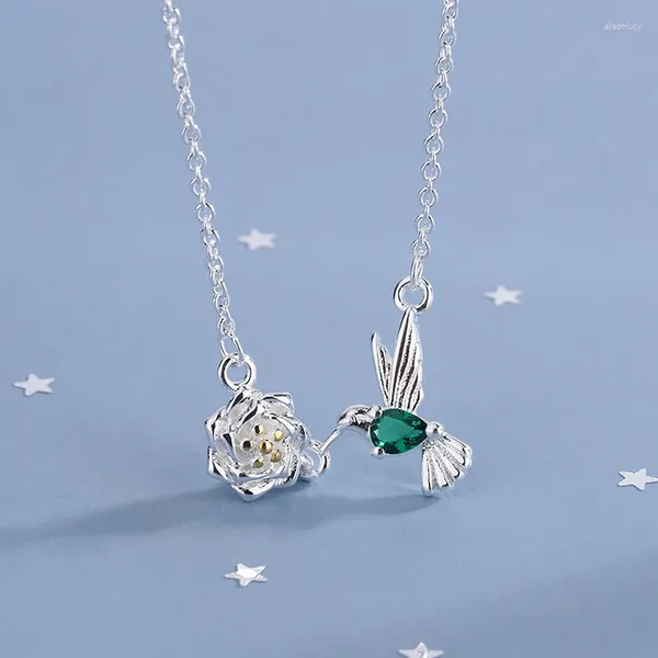 Pendentif Colliers Mode Mignon Fleur Petit Animal Oiseaux Vert Zircon Pierre Femme Tendance Collier Ras Du Cou Bijoux Accessoire