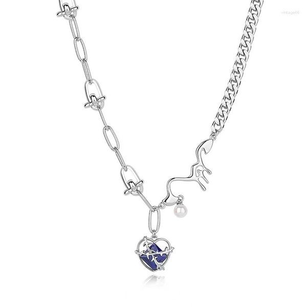 Pendentif Colliers Mode Bleu Foncé Cristal Coeur Collier Pour Femmes Casual Perle Clavicule Chunky Lien Chaînes Colliers Charme Bijoux Cadeau