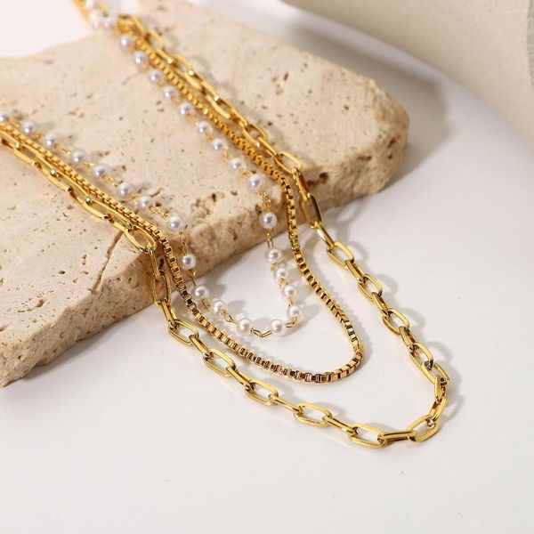 Collares pendientes Diseño de moda Chapado en oro de 18 quilates Cadena de perlas pequeñas de acero inoxidable Collar de tres capas para mujeres que venden joyas