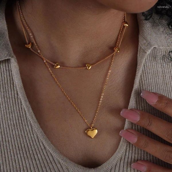 Collares colgantes Moda Doble Capa Cadena de Corazón Collar de Mujer 18 K Chapado en Oro Gargantillas de Acero Inoxidable Regalos de Joyería A Prueba de agua