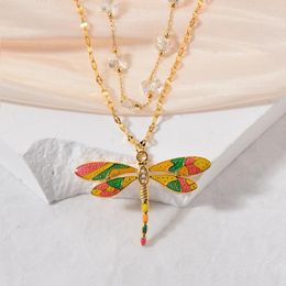 Collares colgantes Moda Collar de libélula para mujeres Mariposa Cadena en capas de acero inoxidable Color dorado Linda niña Regalo de joyería