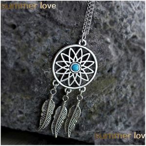 Pendentif Colliers Mode Dream Catcher Feuilles Collier Antique Sier Couleur Alliage Longue Chaîne Pour Femmes Fille Bijoux Cadeaux Drop Delive Dhwoi