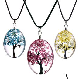 Colliers pendants Fashion Specimen Spécime de fleur ovale Cabochon Tree of Life Coue Charges Corde pour femmes Gift DIY BIELLIR DR DHBTQ