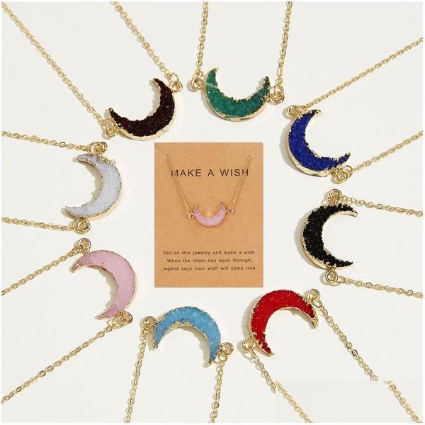 Collares pendientes Moda Druzy Stone Moon Collar Con Make A Wish Card Resina Cadenas de oro para mujeres Joyería de lujo Regalo Drop Deliv Dh8Dp