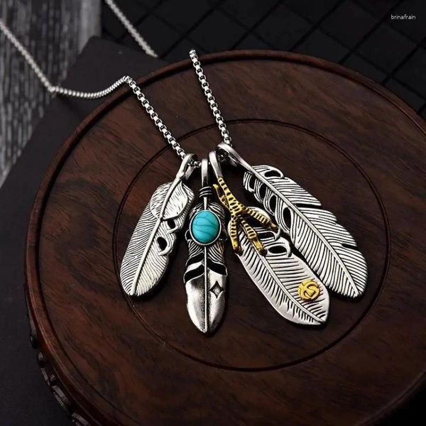 Pendentif Colliers Mode Aigle Griffe Plume Turquoise Collier Pour Hommes Vintage Quatre Plumes Saint Valentin Cadeau En Gros