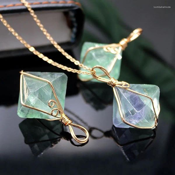 Pendentif Colliers Mode Exquis Fil Enveloppé Collier De Pierre Brute Naturelle Pour Femmes Reiki Guérison Chakra Cristal Fluorite Collier Bijoux