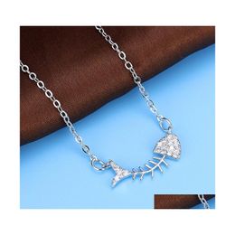 Pendentif Colliers Mode Os De Poisson Conception Collier Personnalité Synthétique Strass Bijoux Authentique 925 Sterling Sier Chaîne Drop Dhfun