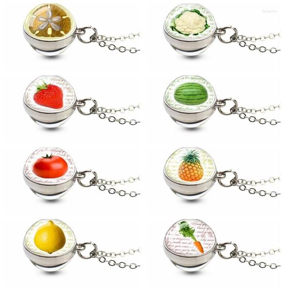 Pendentif Colliers Mode Fruits Et Légumes Double Face Boule De Verre Chou-fleur Carotte Fraise Pastèque Cerise Collier Bijoux