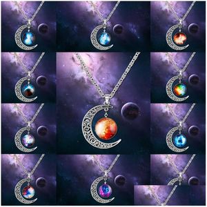 Pendentif Colliers Mode Galaxie Planète Lune Cabochons Verre Monde Étoilé Espace Pierre De Lune Charmes Collier Pour Femmes Ras Du Cou Bijoux Dhhbx