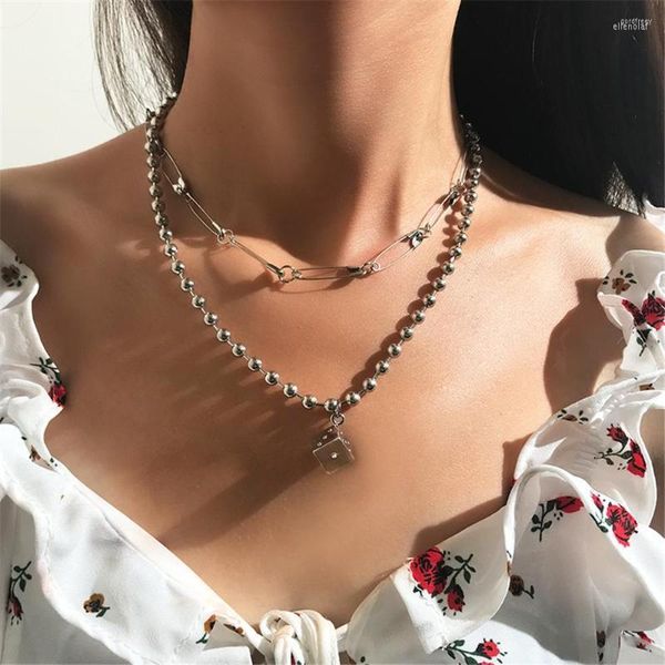 Pendentif Colliers De Mode Géométrique Argent Couleur Punk Pin Métal Perle Chaîne Dés Collier Pour Les Femmes Vintage Multiniveau Boho Choker Bijoux