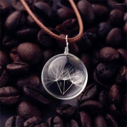 Pendentif Colliers Mode Verre Boule Ronde Pissenlit Fleur Séchée Collier Charme Naturel Transparent Chanceux Tour De Cou Cadeau Fait À La Main