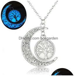 Pendentif Colliers Mode Glowing dans la lune sombre pour les femmes Creux Arbre de vie Coeur Maman Lettre Chaînes lumineuses Nouveau Designer Bijoux Dhjgk