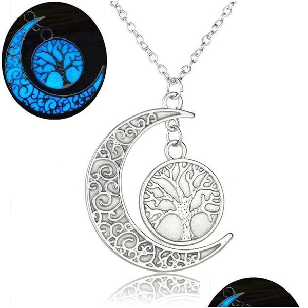 Pendentif Colliers Mode Glowing In The Dark Moon Pour Femmes Creux Arbre De Vie Coeur Maman Lettre Chaînes Lumineuse Designer Bijoux D Dhlnj