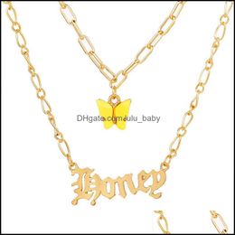 Chaînes en or de mode collier papillon Mtilayer anglais amant Babygirl ange pendentif colliers pour femmes bijoux D Dh2Hb