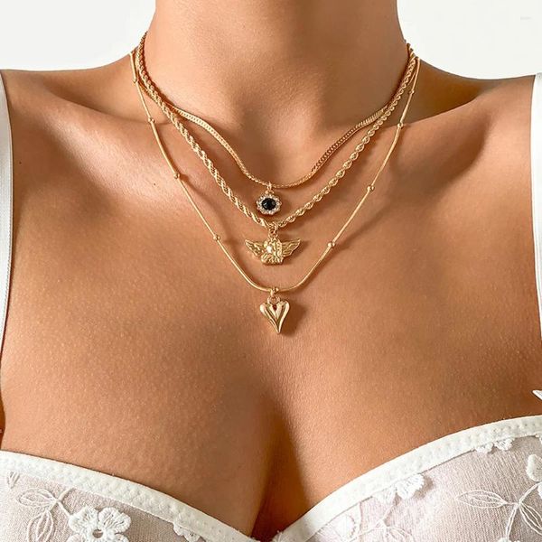 Collares colgantes Fashion Gold Color Bead Cadena Collar de cristal de ángel en forma de corazón para mujeres joyas de niña boho multinivel