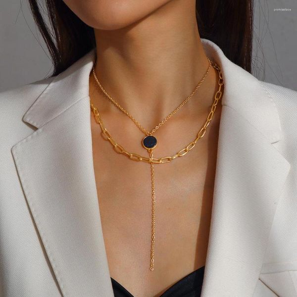 Collares pendientes Moda Color oro Cadena de metal Borla Collar de resina redondo para mujer Chica Vintage Simple Multinivel Regalo de joyería salvaje