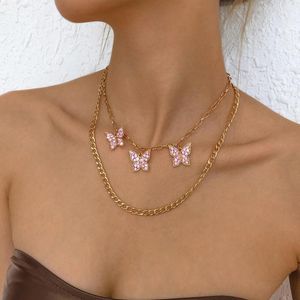 Pendentif colliers mode couleur or multiniveau Punk chaîne cristal papillon collier pour femmes femme Vintage mignon tour de cou bijoux
