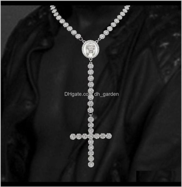 Pendentif Colliers Mode Plaqué Or Zircon Cubique Hommes Jésus Rond Portrait Tennis Chaîne Collier Rosaire Personnalisé Hip Hop 337L2669561