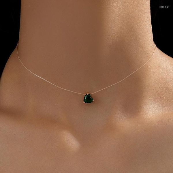 Collares con colgantes, collar de piedra de cristal en forma de corazón verde a la moda para mujer, línea de pesca transparente, regalo de estrangulamiento A27