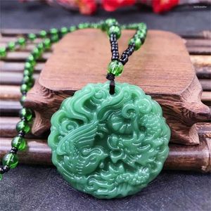 Pendentif Colliers Mode Vert Jade Pierre Sculpté À La Main Dragon Phoenix Croix Collier Chinois Amulette Femmes Homme Chanceux Bijoux Cadeau