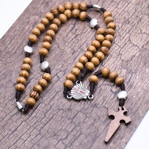 Pendentif Colliers Mode À La Main En Bois Perles Rondes Croix Collier Bijoux Catholiques Fête Accessoires Religieux Cadeaux
