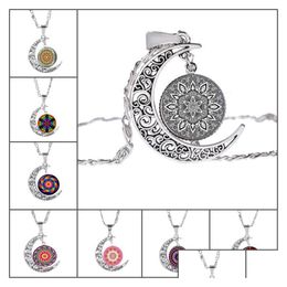 Pendentif Colliers Mode Indien Mandala Fleur De Vie Creux Sculpté Croissant De Lune Cabochons Verre Pierre De Lune Collier Pour Femmes Drop Dhxtw